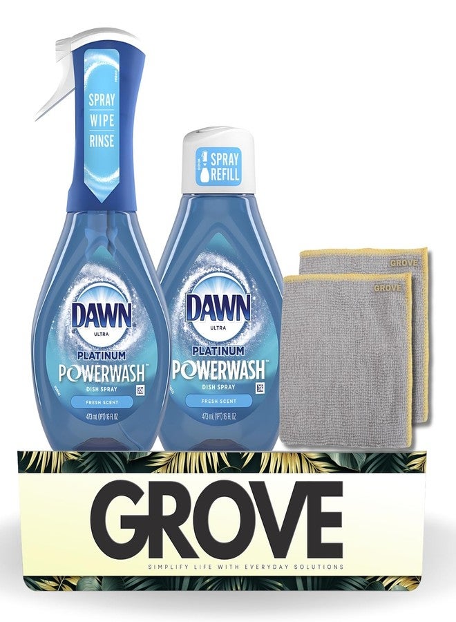 Dawn Platinum Powerwash Fresh Scent Liquid Dish Spray 16 oz + 16 oz Refill Bundle with Microfiber Cloth - Dish Soap - Powerwash for Dishes and Hard-to-Reach Items - (4 Items) - Image 1